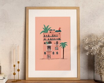 Moroccan House Art Print, Pastel Architecture Illustration