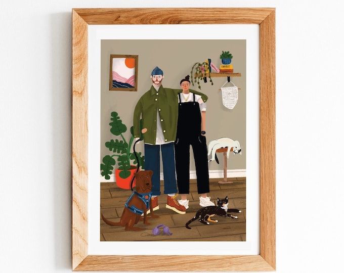 Custom Hand-Drawn Family Portrait Illustration With Background, Quirky Gift