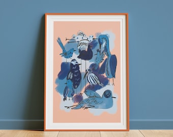 Blue Bird Art Print, Contemporary Illustration, House Wall Decor