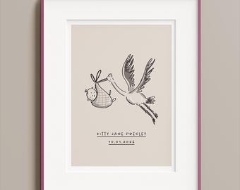 Hand-Drawn Custom New Baby Print - A quirky gift for new families- Fun Personalised illustration