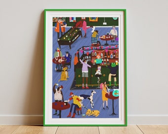 Pub Scene Art Print, Dogs and People Illustration, Quirky Home Decor
