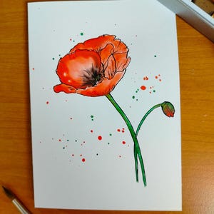 carte de voeux à l'aquarelle coquelicot