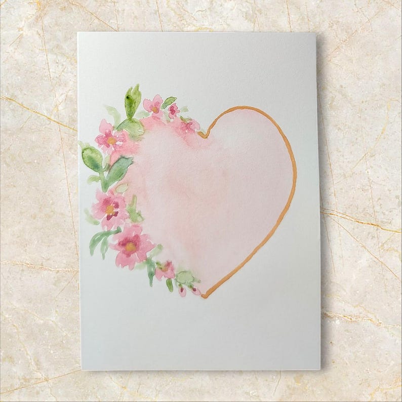 Watercolor Floral Heart Greeting Card – Romantic Handmade Card – Love ...