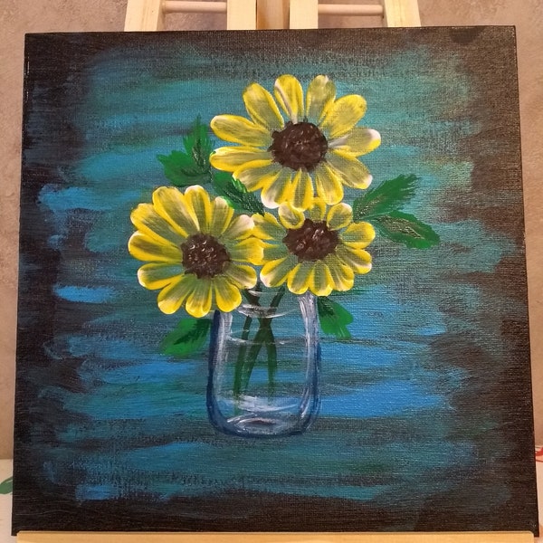 Peinture acrylique vase tournesol art mural floral