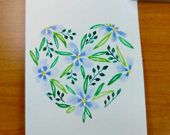 ilustração de cartão de saudação em aquarela coração floral azul