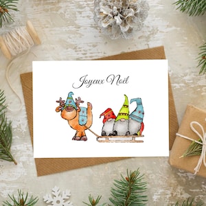 reindeer pulling gnomes christmas card, merry christmas card, printable digital download, handmade watercolor illustration