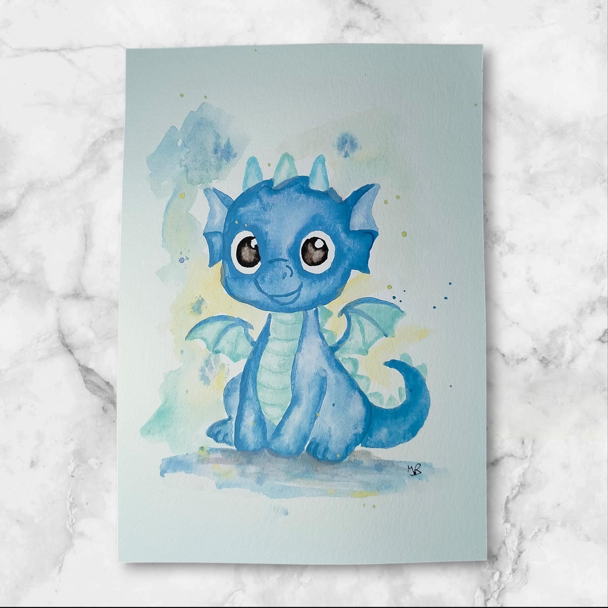 Original A5 Watercolor – Cute Little Blue Dragon – Children's Fantasy ...