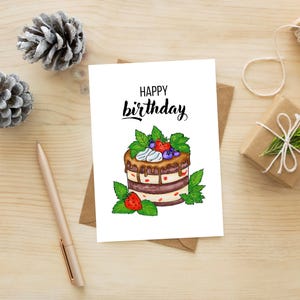 carte d'anniversaire gâteau chocolat fraise imprimable, carte de voeux, carte joyeux anniversaire