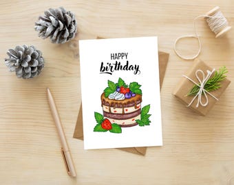 druckbare Erdbeer-Schokoladenkuchen-Geburtstagskarte, Grußkarte, alles Gute zum Geburtstagskarte