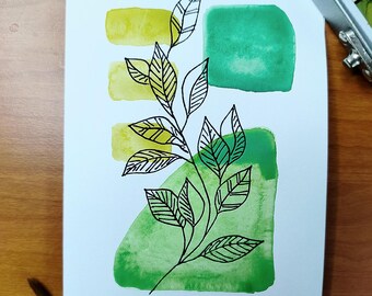 cartão de felicitações com ilustração de folha em aquarela