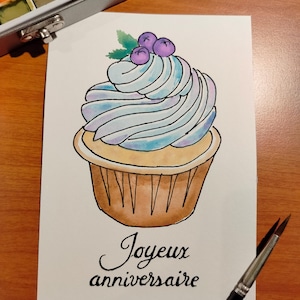 Carte d'anniversaire aquarelle illustration cupcake