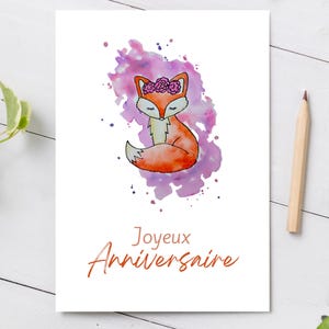 happy birthday digital birthday card, instant download, fox illustration