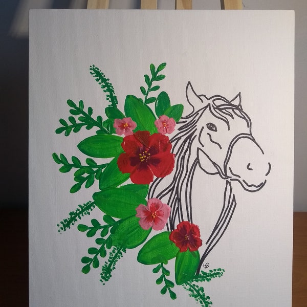 Décoration murale peinture cheval et fleurs