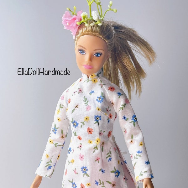 Floral Ao Dai for Doll 11.5 inches, Vietnamese Traditional Dress Set.