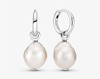 Pandora Orecchini a cerchio in argento sterling con perla barocca coltivata d'acqua dolce S925, orecchini con fascino minimalista per tutti i giorni, regalo per le donne
