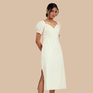 Beige Midi Dress | Cute Short Sleeve Dress | Cotton Linen Dress | Minimalist Dress | Unique Elegant Dress | Rumi Vintage Style Midi Dress