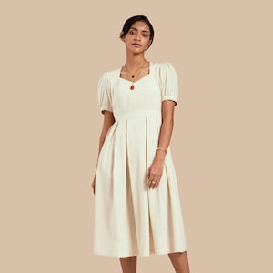 Beige Midi Dress | Cute Short Sleeve Dress | Cotton Linen Dress | Minimalist Dress | Unique Elegant Dress | Mili Sweetheart Neckline Dress