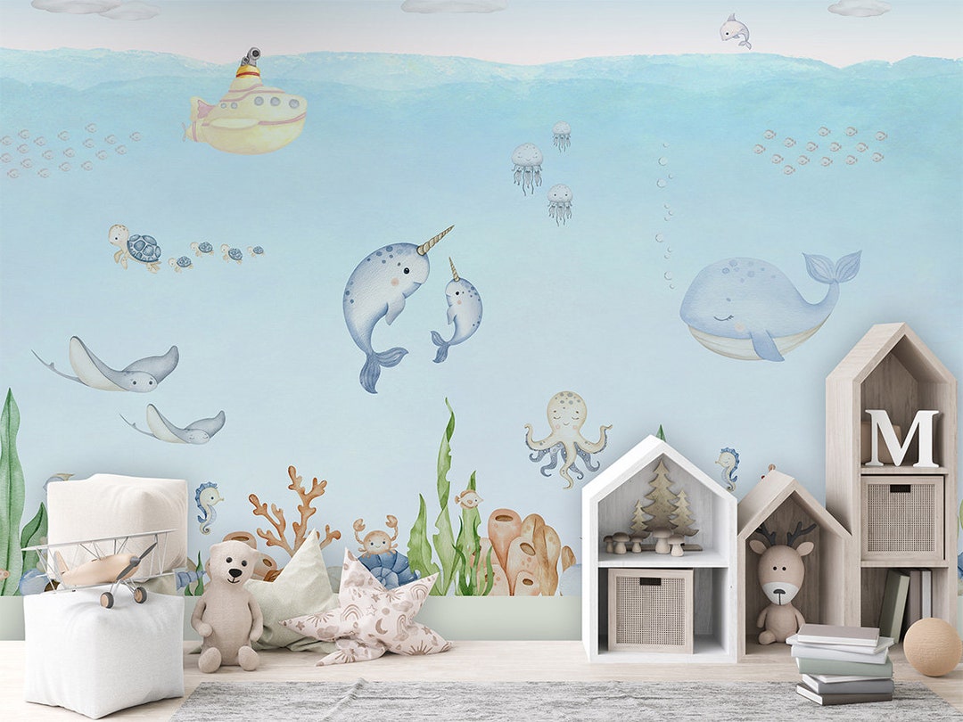 Ocean Joy - Kids Wallpaper Mural – Nursery Room Decor, Sea Life - Etsy