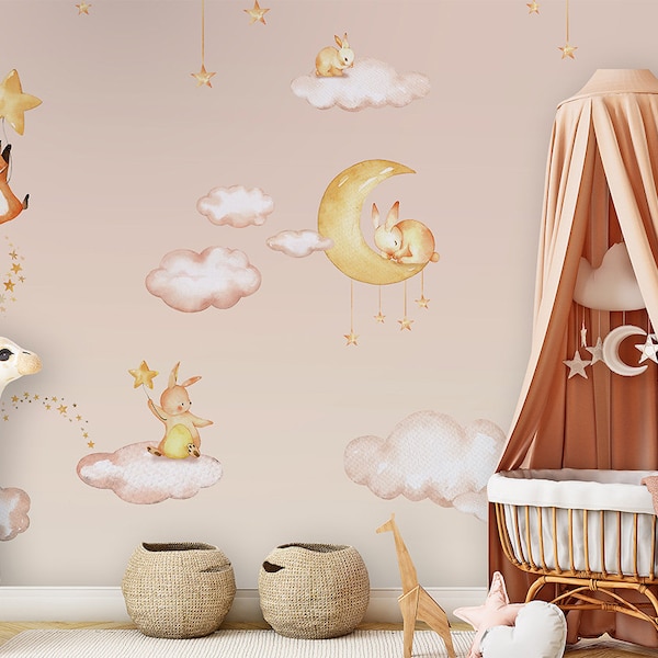 Sweet Dreams-pink, nursery, kids room, children, pink, moon, clouds, animals, nature