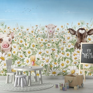 Carta da parati murale - Animali da fattoria - Asilo nido, cameretta per bambini, animali da fattoria, mucca, pecora, maiale, fiori, natura, anatra, uccello