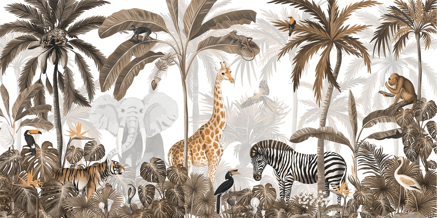 Jungle Jive - Kids Wallpaper Mural – Sepia, Safari Animals