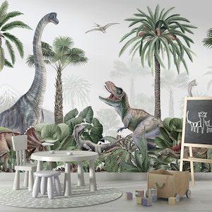Wallpaper Mural - Dino Jive – Kids room, dinosaur, animals, t-rex, triceratops, jungle, forest