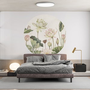 Cercle mural, sticker mural, cercle de papier peint - beaux nénuphars - salon, nature, fleurs, floral, plantes, botanique