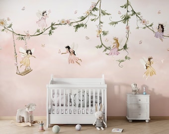 Wallpaper Mural - Dream Flight – Nursery, fantasy, fairies, elves, magical, nature, plants, pink