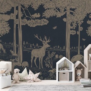 Carta da parati murale - Foresta monocromatica - Blu vintage - cameretta per bambini, asilo nido, cervo, volpe, orso, tasso, foresta, blu, vintage