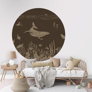 Cerchio da parete, adesivo da parete, cerchio da carta da parati - Monocromatico Mare - Marrone Vintage - cameretta per bambini, balena, delfino, tartaruga, corallo, marrone, squalo, pesce