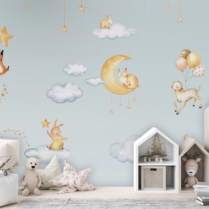 Wallpaper Mural - Sweet Dreams Blue – Nursery, kids room, moon, clouds, animals, balloons, blue