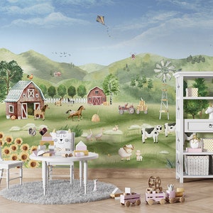 Carta da parati murale - Farm Joy – Asilo nido, cameretta, bambini, fattoria, animali, natura, mucca, cavallo, maiale, trattore, mulino