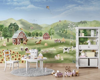 Wallpaper Mural - Farm Joy – Nursery, kids room, children, farm, animals, nature, cow, horse, pig, tractor, mill