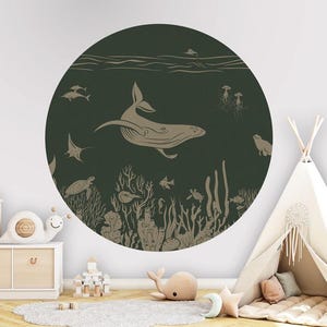 Cerchio da parete, adesivo da parete, cerchio da carta da parati - Monocromatico Mare - Verde Vintage - cameretta per bambini, balena, delfino, tartaruga, corallo, marrone, squalo, pesce