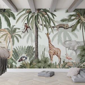 Carta da parati murale - Tropical Jive – Cameretta per bambini, natura, giungla, tropicale, palme, animali, giraffa, scimmia, tigri, uccelli