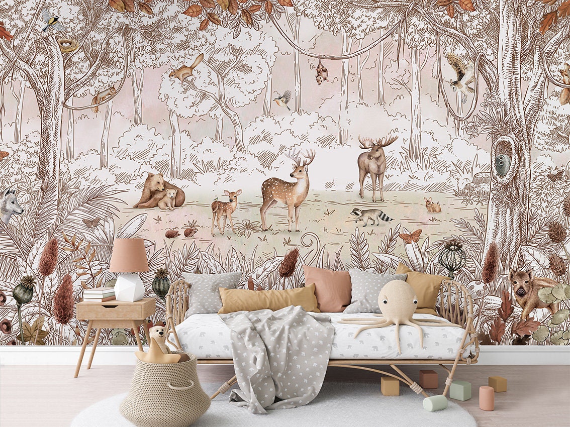 Forest Friends - Kids Wallpaper Mural – Woodland Animals, Autumn Kids ...