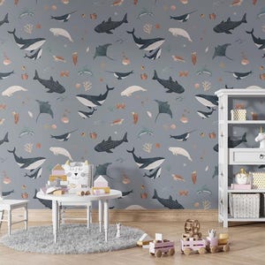 Carta da parati, murale - Splendid Sea – Blu – Cameretta per bambini, asilo nido, mare, pesce, balena, razza, delfino, tartaruga, corallo, granchi, blu