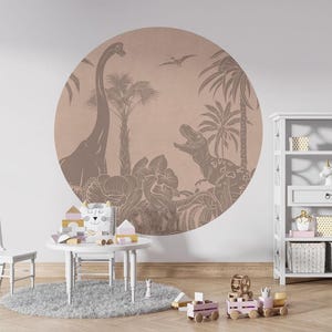 Wall Circle, Adesivo da parete, Carta da parati Circle - Monocromatico Dino – Rosa Vintage - Cameretta per bambini, dinosauro, animali, natura, palma, rosa