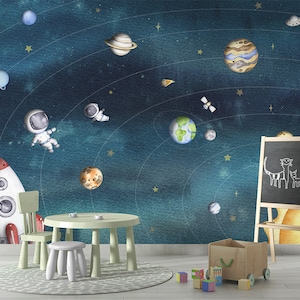 Carta da parati murale - Space Joy Dark – Camerette per bambini, asilo nido, spazio, pianeti, astronomia, astronauta, razzo, sole