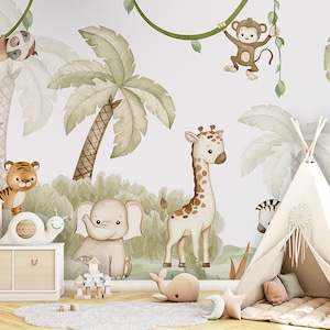 Carta da parati murale - Savannah Joy - Asilo nido, cameretta per bambini, safari, savana, giraffa, leoni, elefanti, tigri, scimmie, palme