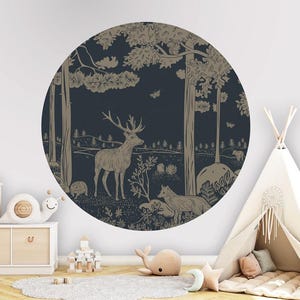 Wall Circle, Adesivo da parete, Carta da parati Circle - Foresta monocromatica - Blu Vintage - cameretta per bambini, cervo, volpe, orso, tasso, foresta, blu, vintage