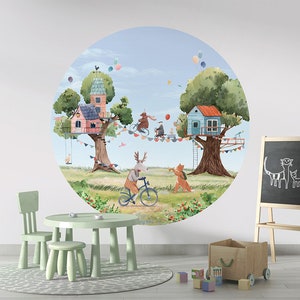 Cerchio da parete, adesivo da parete, cerchio da carta da parati - Treehouse Party – cameretta dei bambini, bambini, natura, alberi, case, animali, festa, gioia