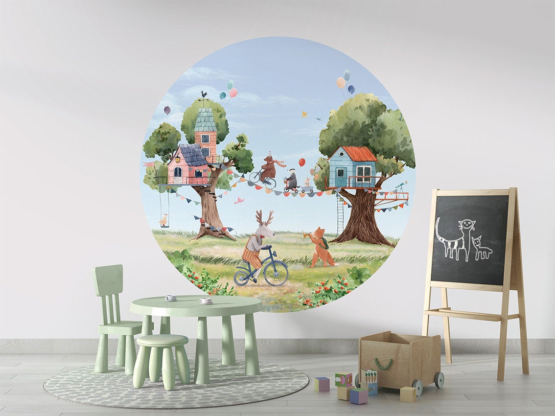 Wall Circle, Wall Sticker, Wallpaper Circle - Treehouse Party – nursery, kids room, children, nature, trees, houses, animals, party, joy