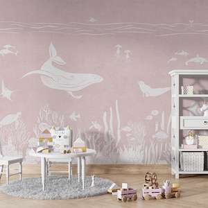 Carta da parati murale - Mare monocromatico - Rosa - cameretta per bambini, asilo nido, balena, delfino, tartaruga, corallo, rosa, squalo, pesce,