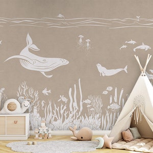 Carta da parati murale - Mare monocromatico - Marrone - cameretta per bambini, asilo nido, balena, delfino, tartaruga, corallo, marrone, squalo, pesce