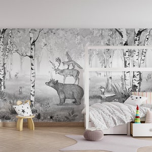 Carta da parati murale - Bear King B&W - Cameretta per bambini, foresta, bosco, orso, animali, betulla, natura, cervo, volpe, coniglio
