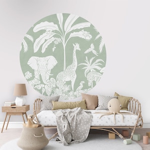 Cerchio da parete, adesivo da parete, cerchio da carta da parati - Foresta monocromatica - Verde - cameretta per bambini, asilo nido, cervo, volpe, orso, tasso, foresta, verde