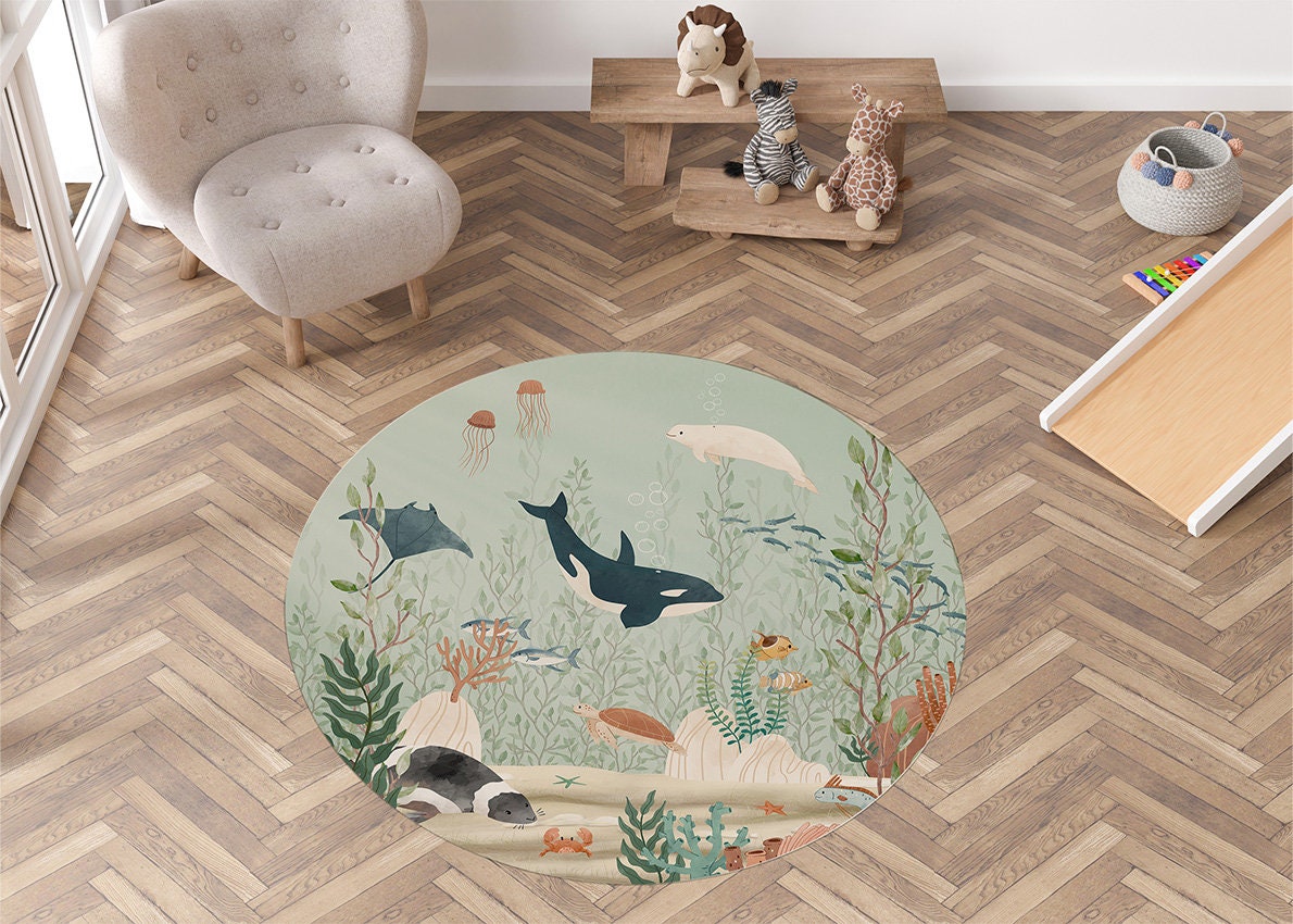 Vinyl rug, floor mat - Kelp Forest – Nursery, kids room, nature, underwater, fish, animals, sea, coral, orca, beluga