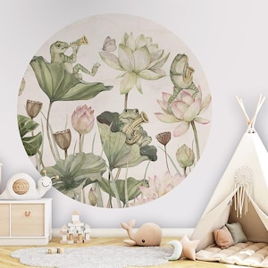Muurcirkel, muursticker, behangcirkel - Water Lilly Orchestra - kinderkamer, natuur, kikker, bloemen, dieren, bloemen, magisch