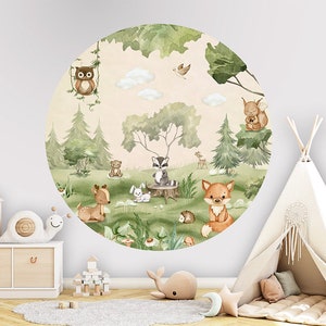 Cerchio da parete, adesivo da parete, cerchio da carta da parati - Woodand Joy – cameretta per bambini, asilo nido, volpe, cervo, gufo, animali della foresta, tasso